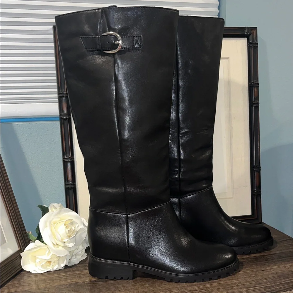 Steve Madden Women's Leary Tall Black Buckle Pull On Leather Boots NWOB sz 10